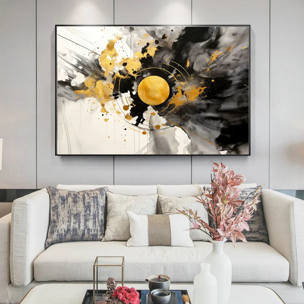 Moderne Fließende Geometrie Schwarzes Goldenes Abstraktes Wandkunst Feine Kunst Leinwanddrucke Bilder Für Wohnzimmer Esszimmer Home Office Dekor | Karnz