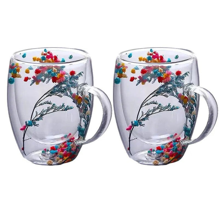2pcs Getrocknete Blumen Doppelt wändige Glas Tasse