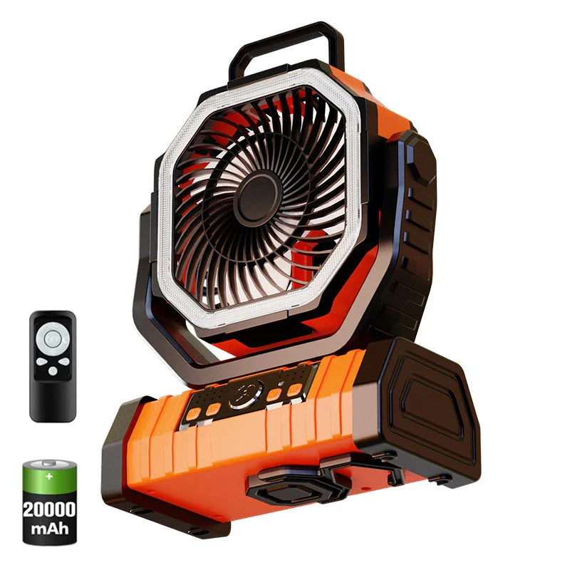 20000mAh Tragbarer Wiederaufladbarer Ventilator — Akku-Betriebene Tisch- & Camping-Lüfter mit LED-Licht & Haken für Zelt, Auto und Outdoor-Ausflüge | Karnz