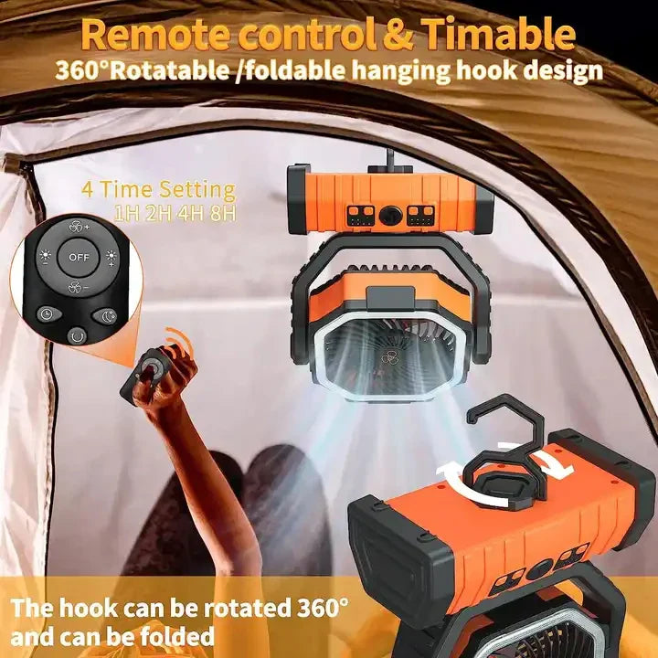 20000mAh Tragbarer Wiederaufladbarer Ventilator — Akku-Betriebene Tisch- & Camping-Lüfter mit LED-Licht & Haken für Zelt, Auto und Outdoor-Ausflüge | Karnz