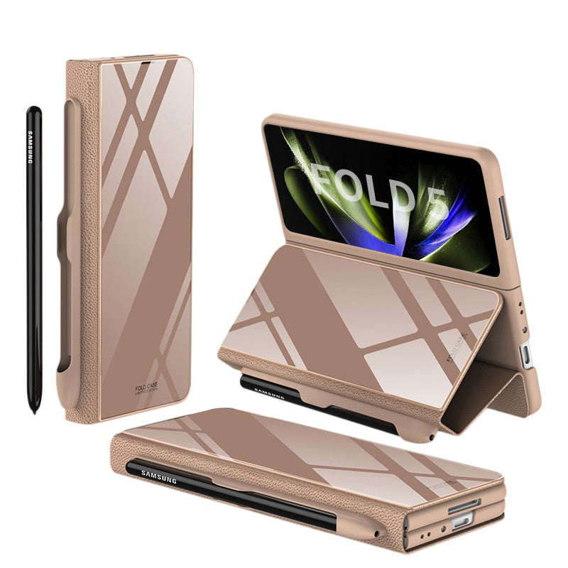 Karnz | Stoßfeste Rüstungshülle Hülle Glas Abdeckung Ständer Einfügkarte Lederhülle für Samsung Galaxy Z Fold 5/4