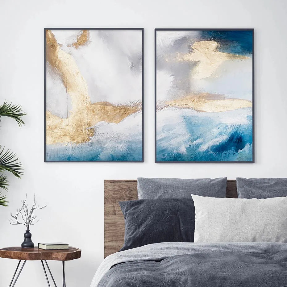 Serene Seascape Wandkunst Abstrakte Ozeanwellen mit goldenen Akzenten Fine Art Leinwanddrucke Bilder für Wohnzimmer Schlafzimmer Nordic Wohnkultur | Karnz