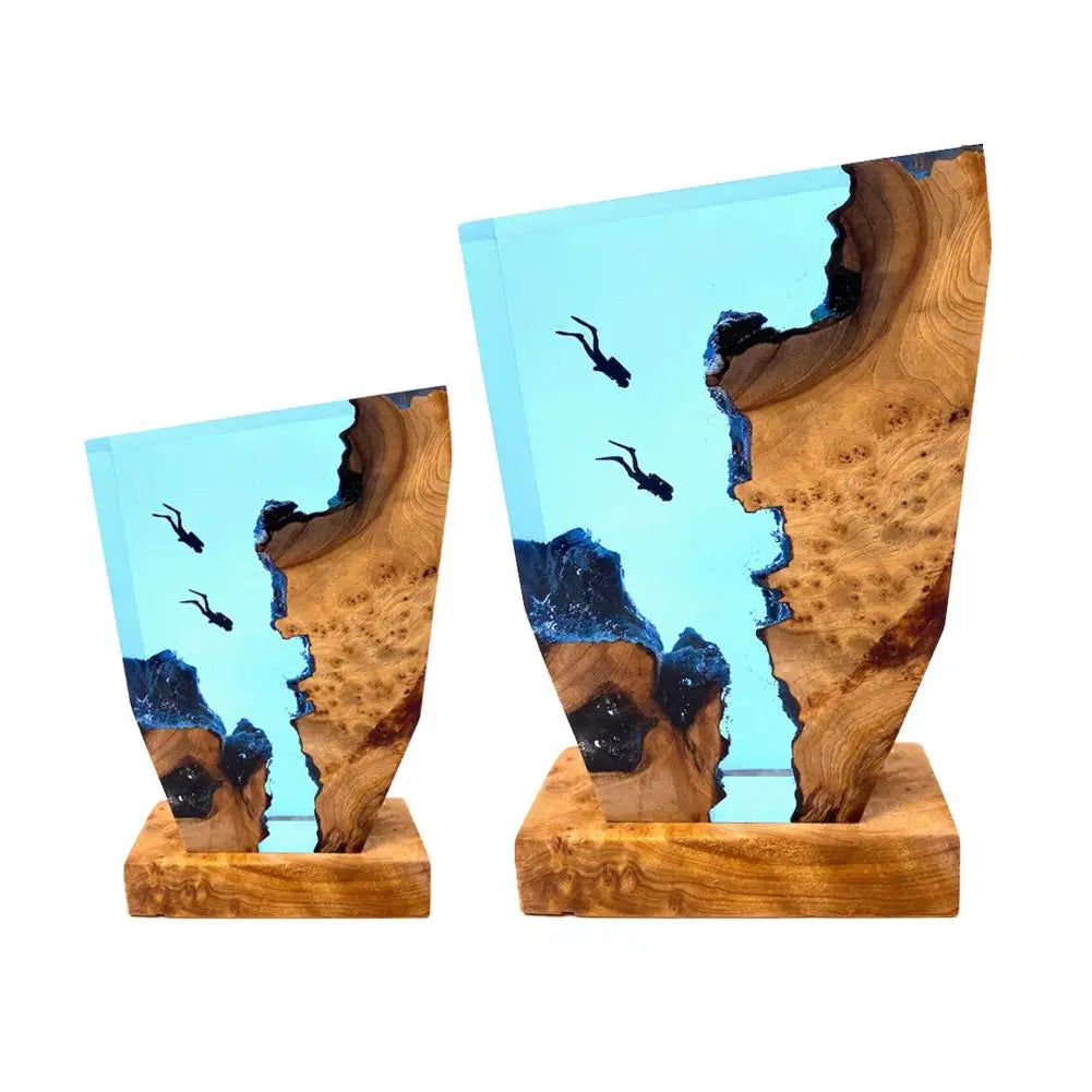 LED Ozean Taucher Tischlampe – Epoxidharz Holz Deko Lampe mit Karstlandschaft | Karnz