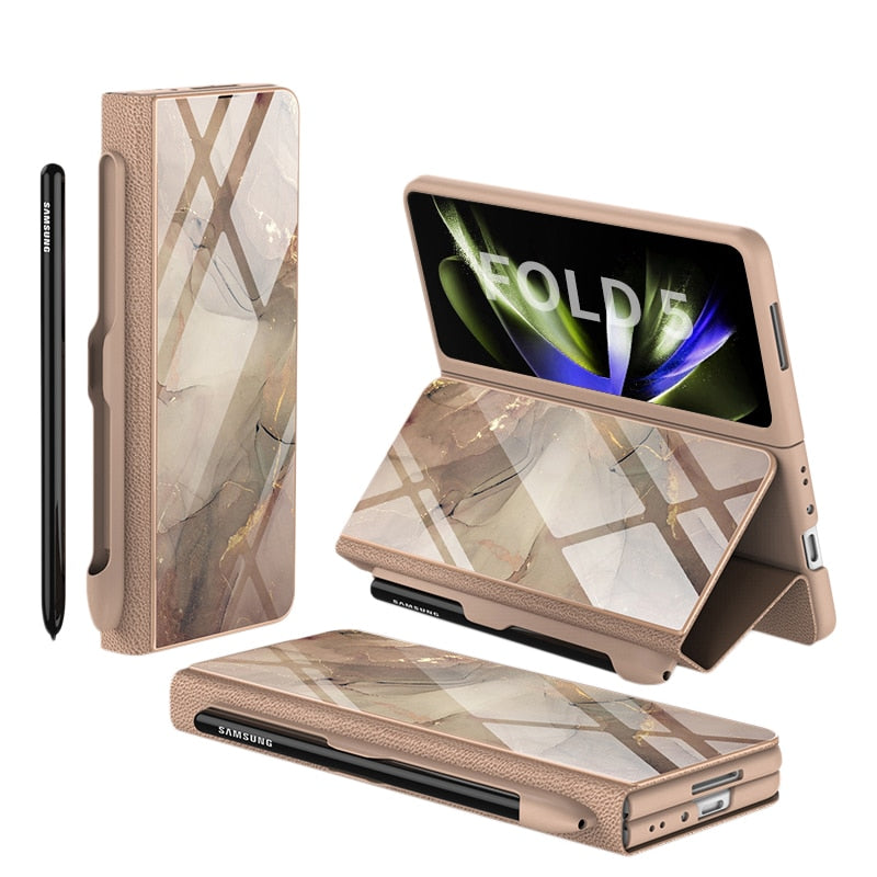 Karnz | Stoßfeste Rüstungshülle Hülle Glas Abdeckung Ständer Einfügkarte Lederhülle für Samsung Galaxy Z Fold 5/4