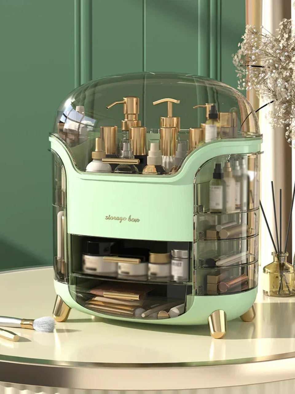 Luxuriöser transparenter Makeup-Organizer mit rotierenden Türen und Schubladen | Karnz