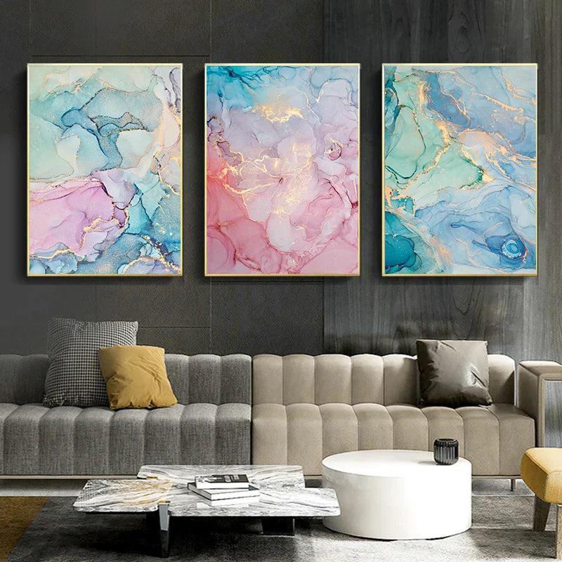 Bunte Schattierungen von Pink Blau Jade Flüssig Marmor Druck Wandkunst Feine Kunstleinwand Drucke Bilder für Wohnzimmer Schlafzimmer Hotel Salon Kunst Dekor | Karnz