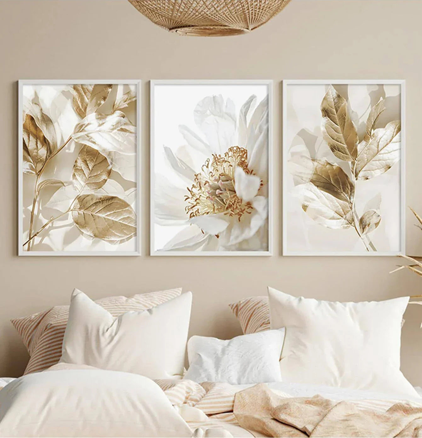 Moderne weiße & goldene florale Wandkunst feine Kunst Leinwanddrucke Bilder für Wohnzimmer Esszimmer Schlafzimmer Kunst Dekor (Set von 3 Stück) | Karnz