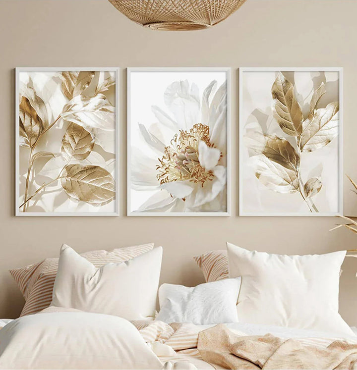 Moderne weiße & goldene florale Wandkunst feine Kunst Leinwanddrucke Bilder für Wohnzimmer Esszimmer Schlafzimmer Kunst Dekor (Set von 3 Stück) | Karnz