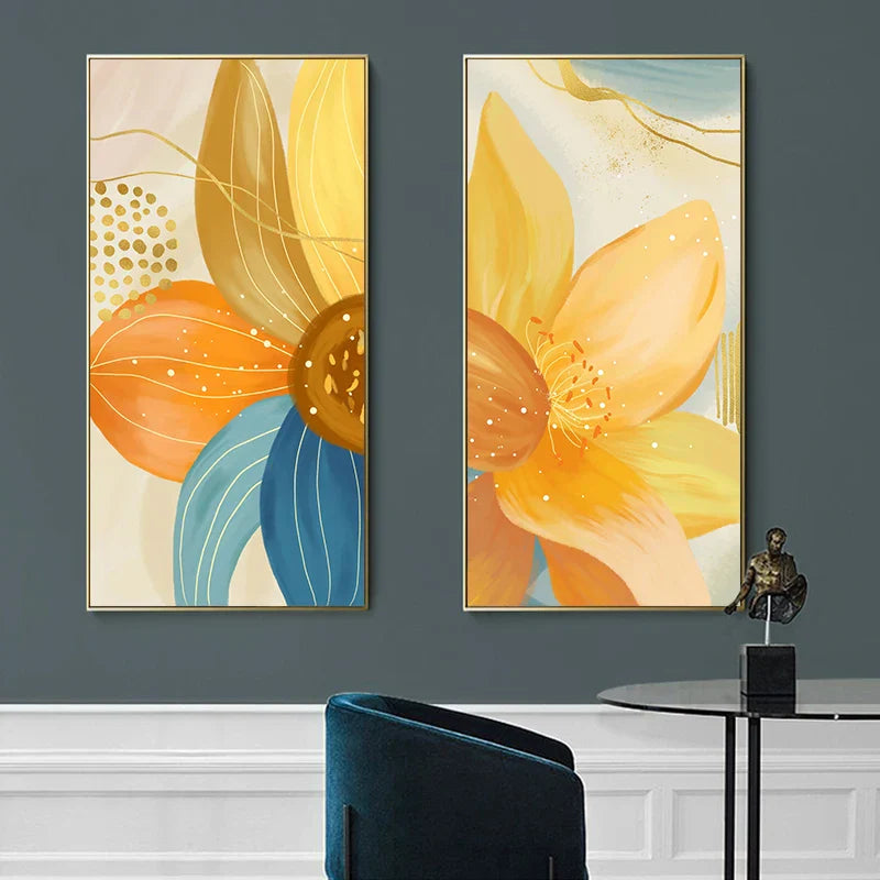 Große florale bunte abstrakte Wandkunst Fine Art Leinwanddrucke orange-gelbe Blütenposter Bilder für das Wohnzimmer Wohnkultur | Karnz