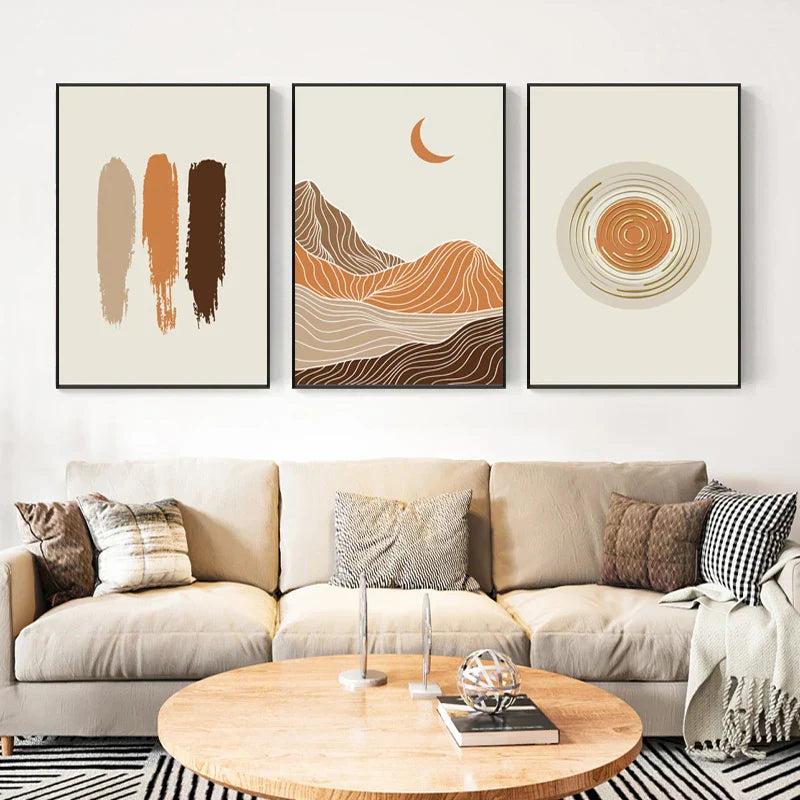 Abstrakte Geometrische Taupe Terrakotta Landschaft Sonne Mond Wandkunst Fein Kunst Leinwanddrucke Bilder Für Wohnzimmer Schlafzimmer Kunst Dekor | Karnz