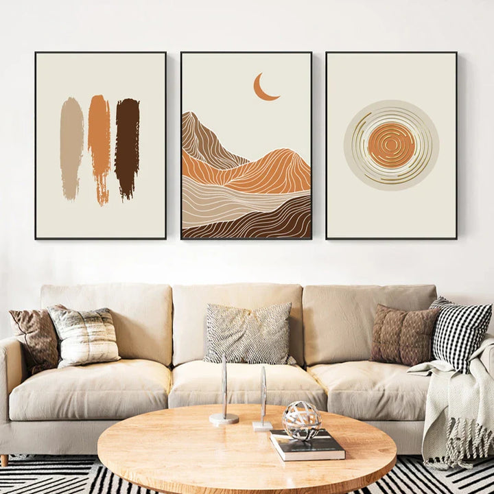 Abstrakte Geometrische Taupe Terrakotta Landschaft Sonne Mond Wandkunst Fein Kunst Leinwanddrucke Bilder Für Wohnzimmer Schlafzimmer Kunst Dekor | Karnz