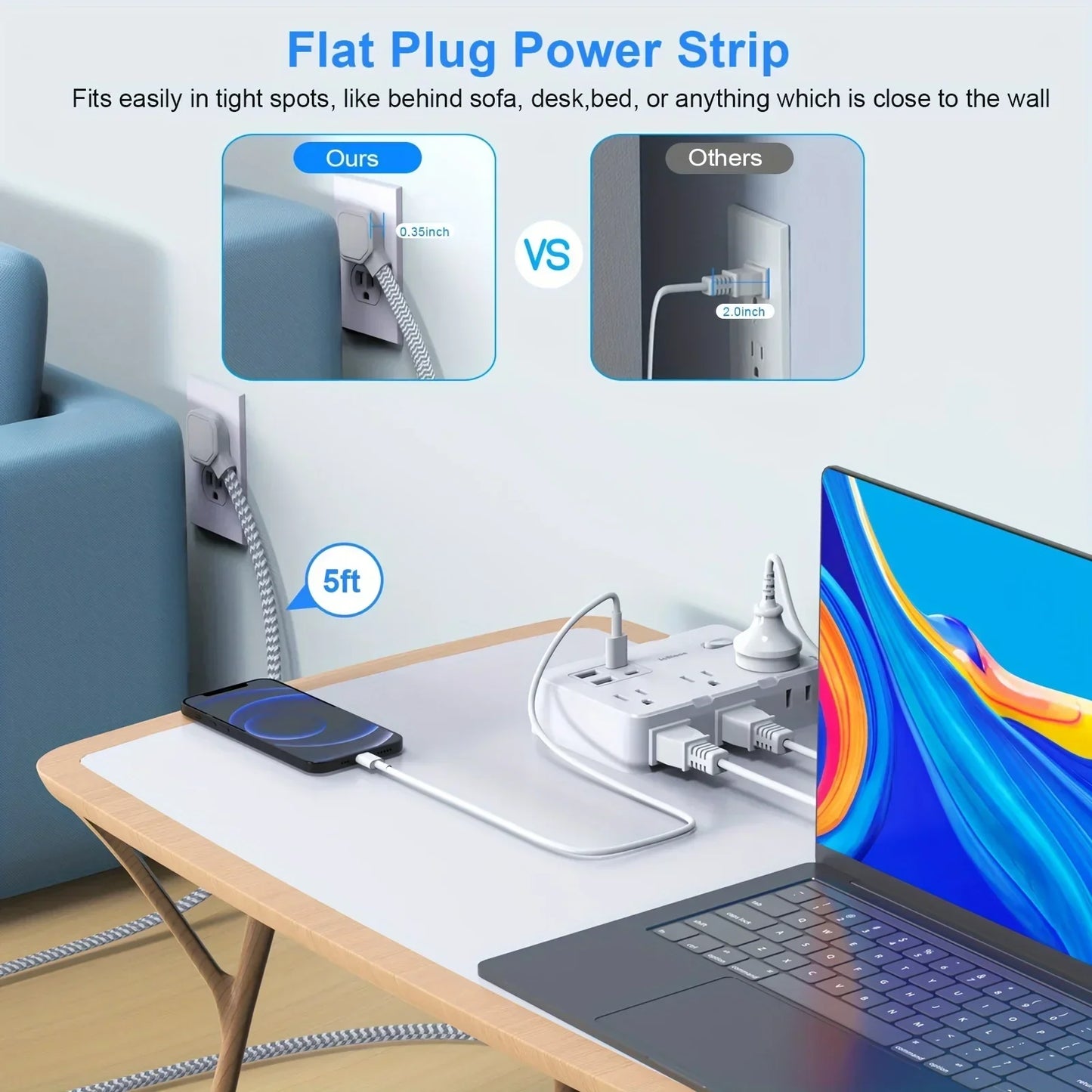 Smart Home-Steckdosenleiste mit USB-Schnellladefunktion | US-Stecker AC-Steckdose mit gewebtem Verlängerungskabel und Netzfilter | Karnz