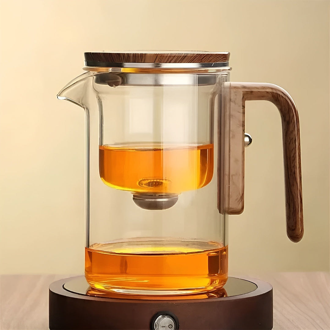 Glas-Teekanne mit Holzgriff – Ein-Klick-Filter | Perfekt für losen Tee & Puer | Karnz