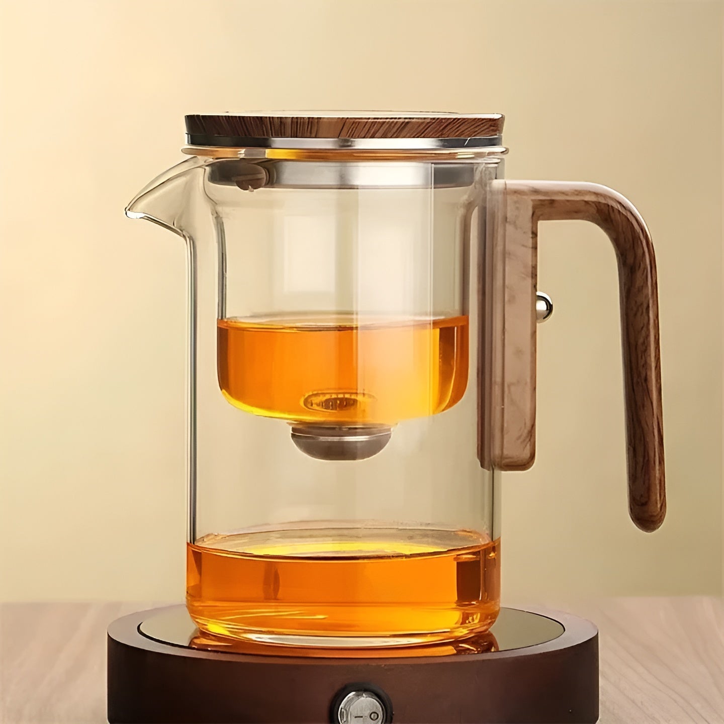Glas-Teekanne mit Holzgriff – Ein-Klick-Filter | Perfekt für losen Tee & Puer | Karnz
