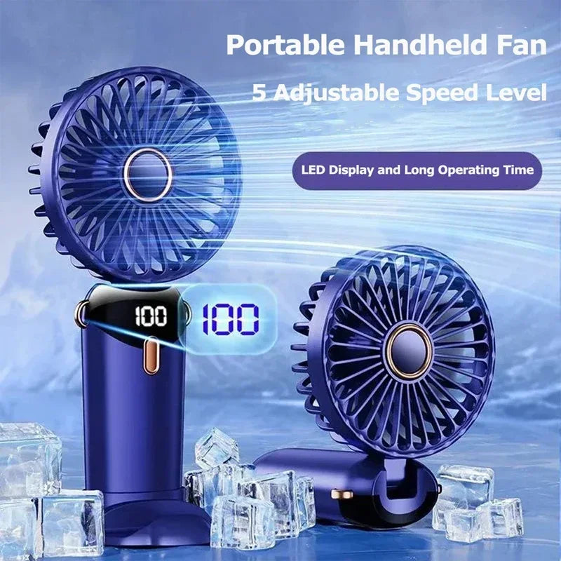 Handheld Mini Ventilator – 3000mAh Faltbarer Tragbarer Tisch- & Nackenhängender Ventilator mit 5 Geschwindigkeiten, USB wiederaufladbar & Telefonständer Anzeige | Karnz