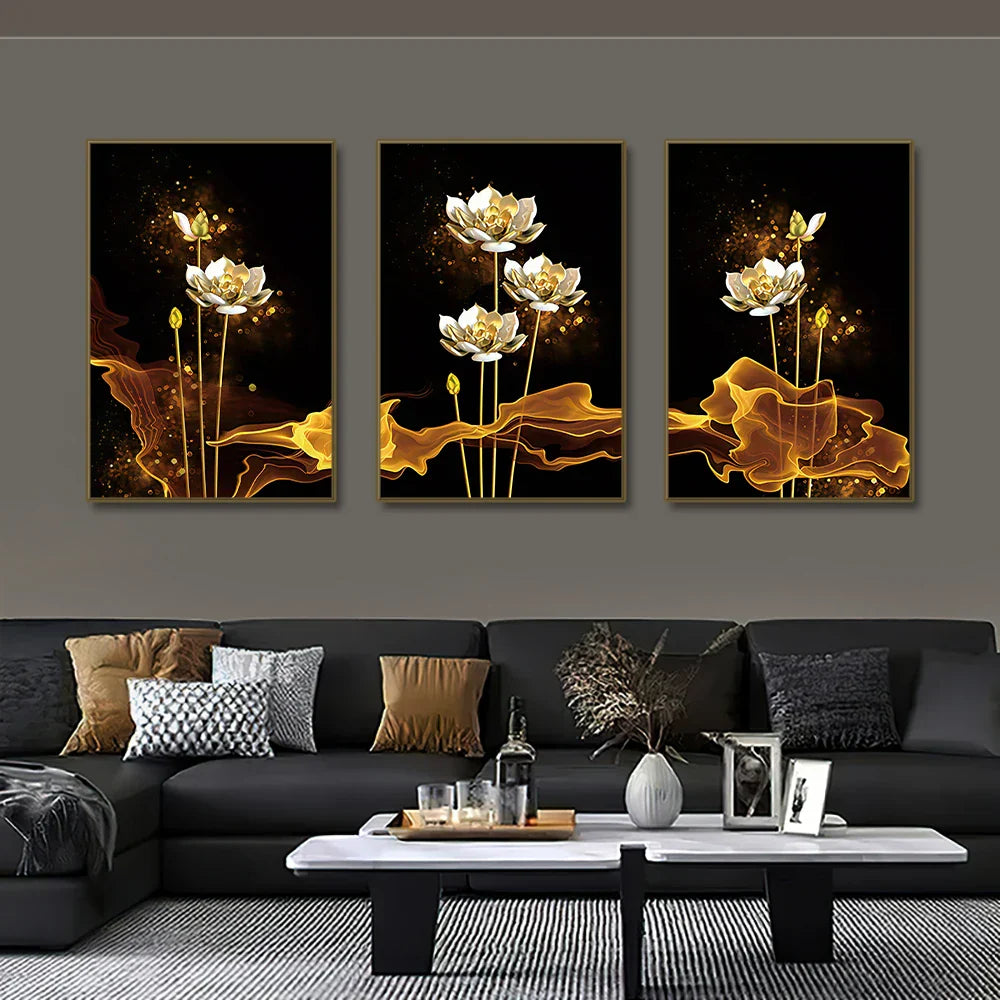 Set von 3PCs Weiße Goldene Lotus Exotische Florale Wandkunst Feine Kunst Leinwanddrucke Exotische Botanische Bilder Für Luxuriöses Wohnzimmer Esszimmer Schlafzimmer Kunstdekoration | Karnz