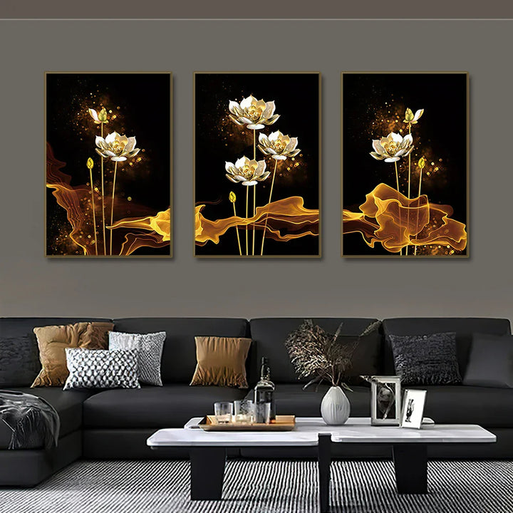 Set von 3PCs Weiße Goldene Lotus Exotische Florale Wandkunst Feine Kunst Leinwanddrucke Exotische Botanische Bilder Für Luxuriöses Wohnzimmer Esszimmer Schlafzimmer Kunstdekoration | Karnz