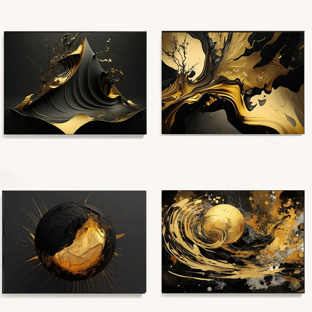 Moderne Fließende Geometrie Schwarzes Goldenes Abstraktes Wandkunst Feine Kunst Leinwanddrucke Bilder Für Wohnzimmer Esszimmer Home Office Dekor | Karnz