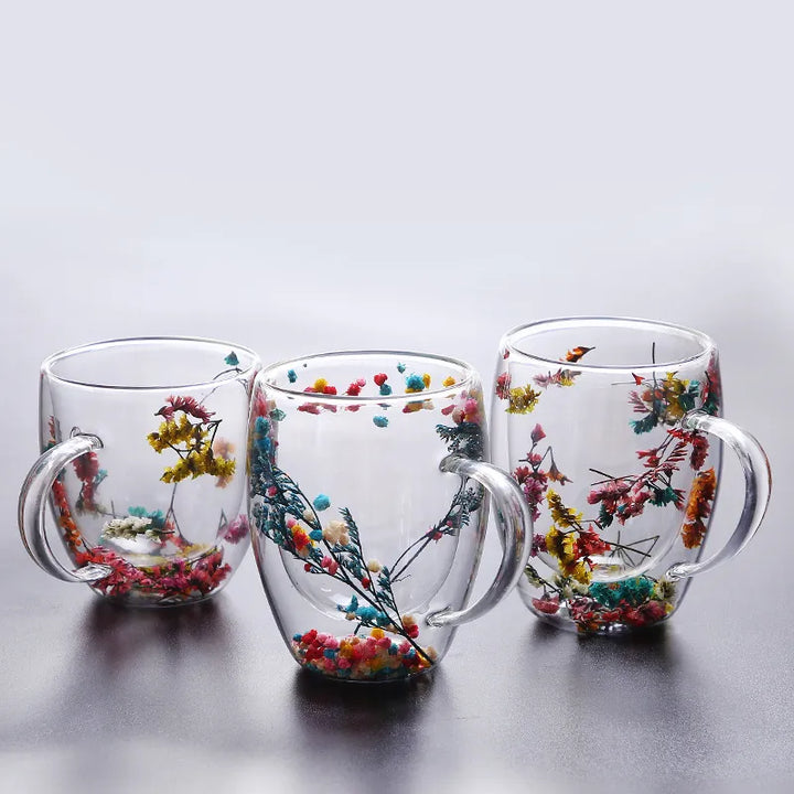 2pcs Getrocknete Blumen Doppelt wändige Glas Tasse