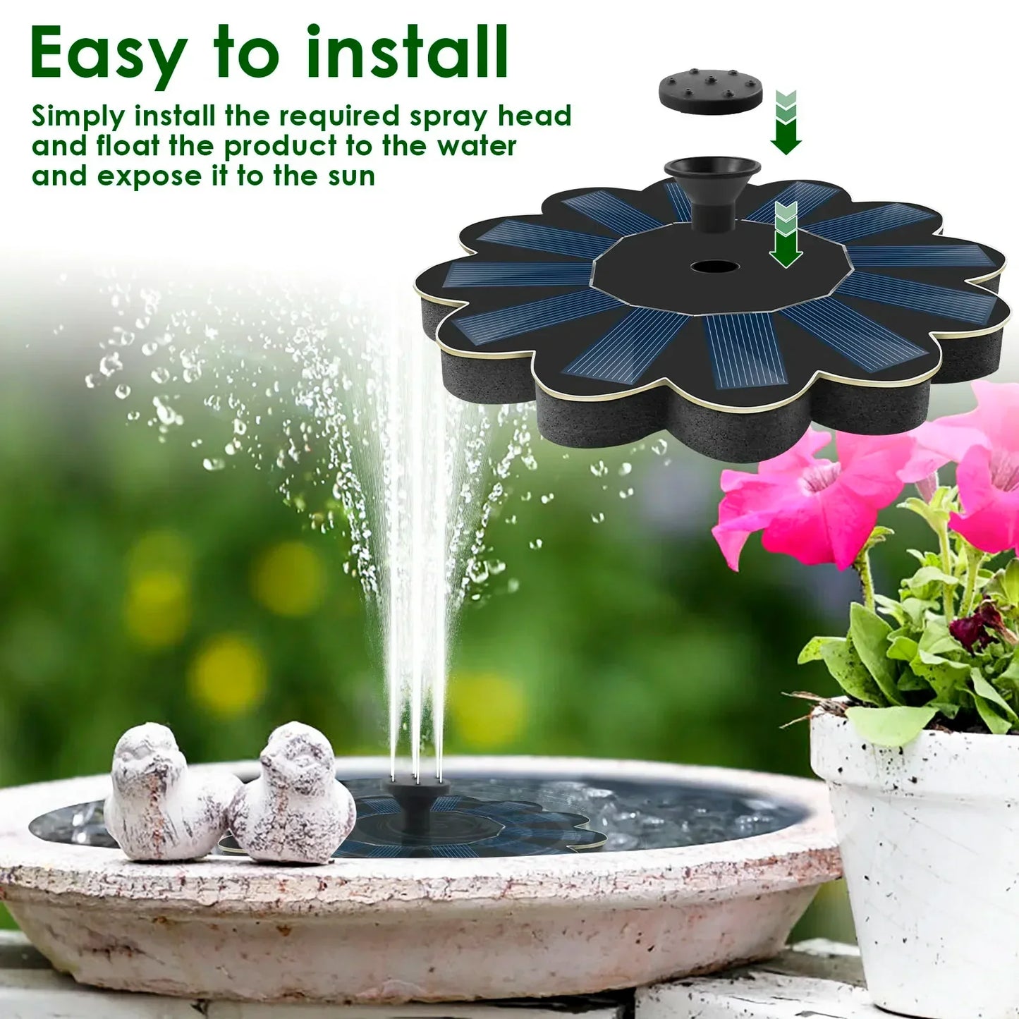 Karnz | Solar Spring Gartenbrunnen | 5 Düsenaufsätze | Energiesparend & Wartungsfrei | Für Teich, Vogelbad & Balkon
