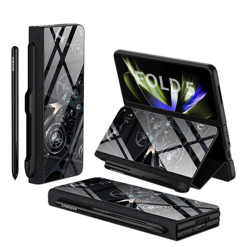 Karnz | Stoßfeste Rüstungshülle Hülle Glas Abdeckung Ständer Einfügkarte Lederhülle für Samsung Galaxy Z Fold 5/4
