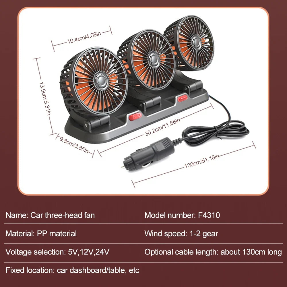 360° Verstellbarer Auto-Lüfter - 3-Kopf Automobil Elektroventilator - USB/12V/24V - 2 Geschwindigkeiten - Leises Kühlen für Zuhause, Schreibtisch, Büro & Auto | Karnz