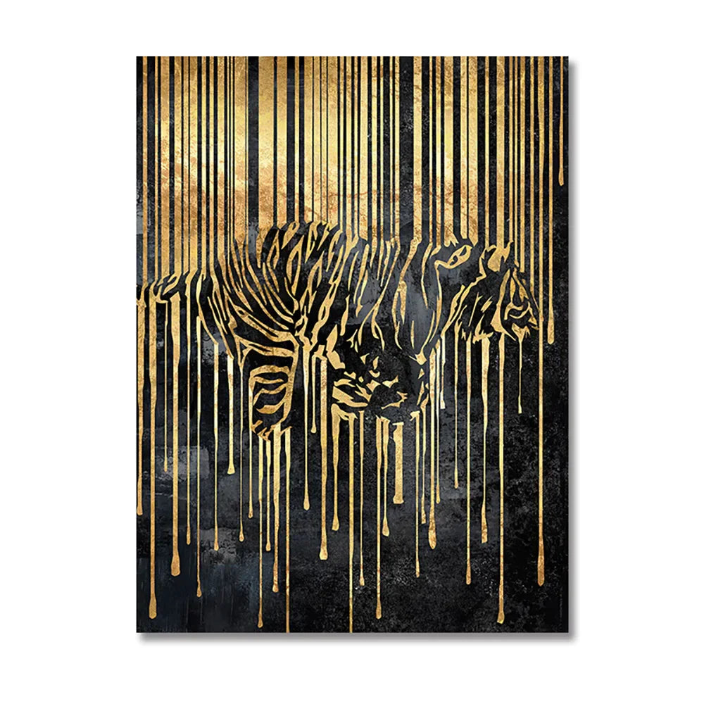 Moderne abstrakte goldene Zebra-Linien Löwe Elefant Tiger Wandkunst Fein Kunst Leinwanddrucke Bilder für luxuriöse Wohnung Wohnzimmer Esszimmer Kunstdekoration | Karnz