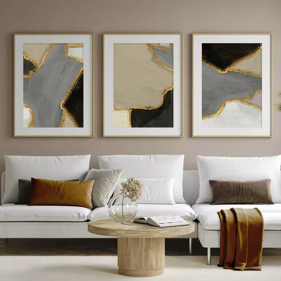Abstrakte Blockfarbe Wandkunst Schwarz Grau Beige Golden Fine Art Leinwanddrucke Bilder Für Modernes Apartment Wohnzimmer Zeitgenössische Wohnkultur | Karnz