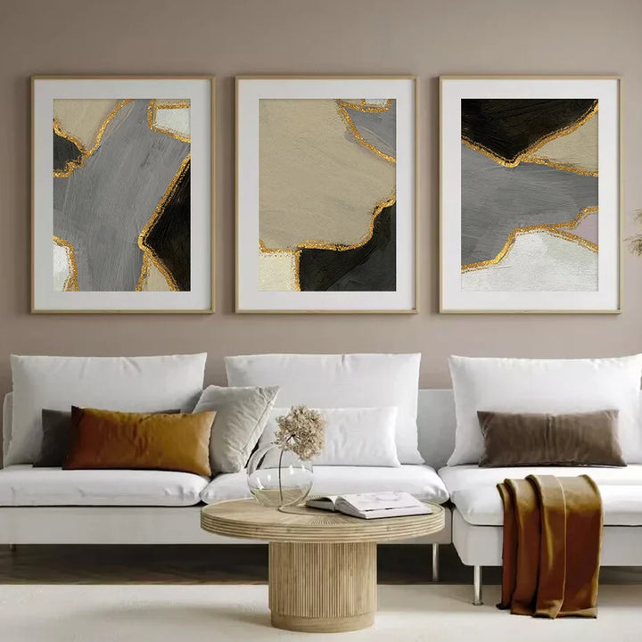 Abstrakte Blockfarbe Wandkunst Schwarz Grau Beige Golden Fine Art Leinwanddrucke Bilder Für Modernes Apartment Wohnzimmer Zeitgenössische Wohnkultur | Karnz