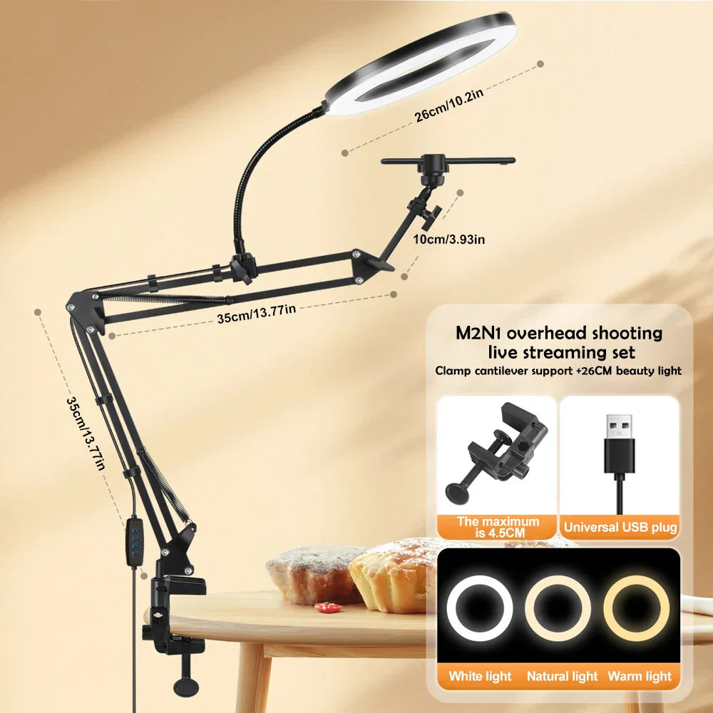 Karnz | LumiFlex LED-Ringleuchte mit flexiblem Arm & Handyhalter | 3 Lichtfarben & USB-Anschluss | Perfekt für Livestream, Video & Selfie