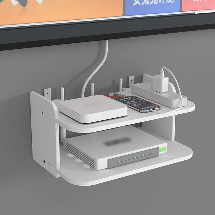 Karnz | SkyConnect Home | WLAN-Router Wandregal | Versteckter Kabel-Organizer & Steckdosenhalter | Schwebendes Regal für TV-Box & Mehr | Weiß | 40×12×8 cm