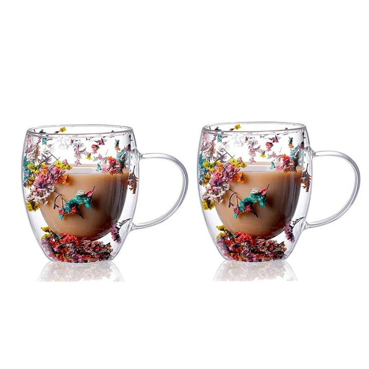 2pcs Getrocknete Blumen Doppelt wändige Glas Tasse