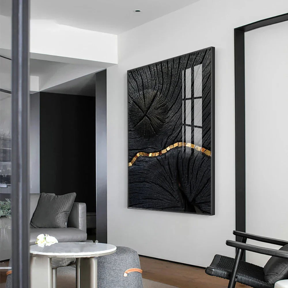 Abstrakte schwarze goldene Baumringe Wandkunst Fine Art Leinwanddrucke Licht Luxus Bilder für Wohnzimmer Foyer Eingangsbereich Empfangsraum Kunst Dekor