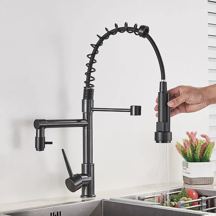 Ausziehbare Wasserhahn mit Doppeltem Auslauf – Flexibler Wasserhahn für Spülbecken, Hochdruck, Schwenkbar, Ideal für Moderne Küchen, Einfache Installation | Karnz