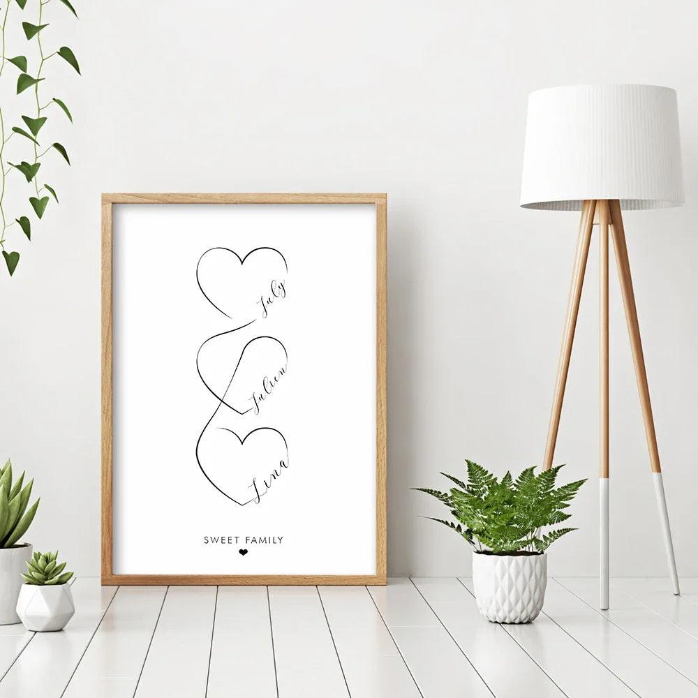 Personalisierte Liebesherz-Paarnamen-Plakat-Wandkunst Schwarz Weiß Feine Kunst Leinwanddrucke Einfache Bilder Für Schlafzimmer Wohnzimmer Wanddekoration | Karnz