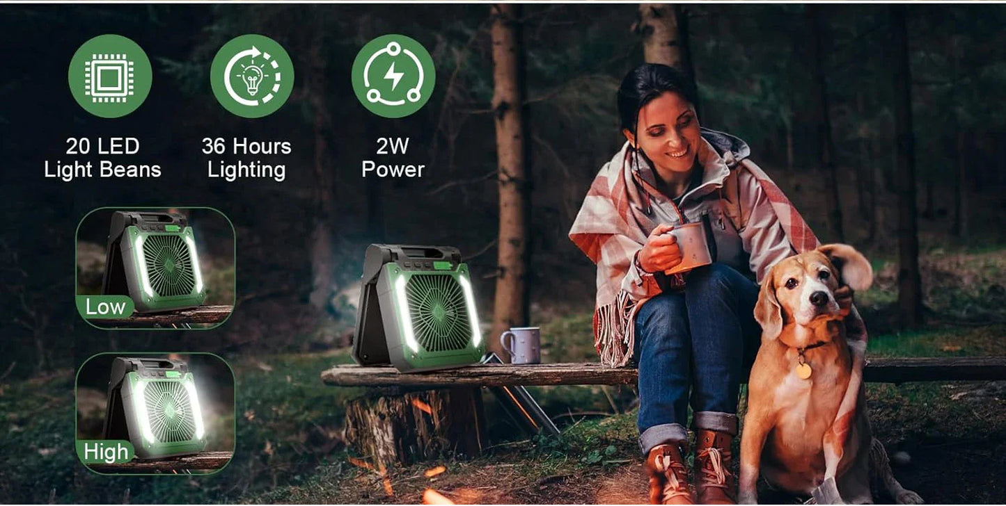 20000mAh Tragbarer Elektrischer Ventilator mit LED Licht — USB, Solar & Auto-Ladung für Camping | Karnz