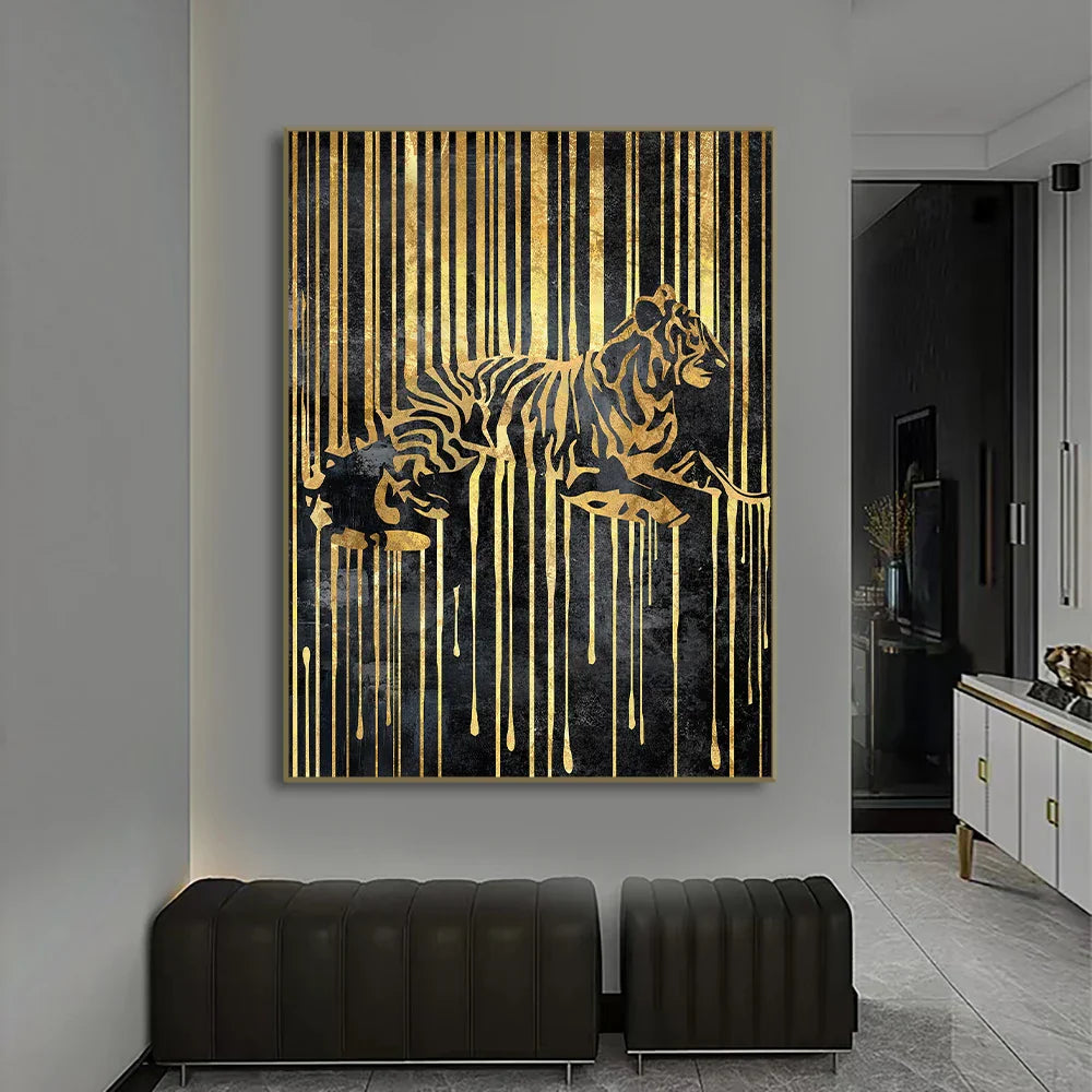 Moderne abstrakte goldene Zebra-Linien Löwe Elefant Tiger Wandkunst Fein Kunst Leinwanddrucke Bilder für luxuriöse Wohnung Wohnzimmer Esszimmer Kunstdekoration | Karnz