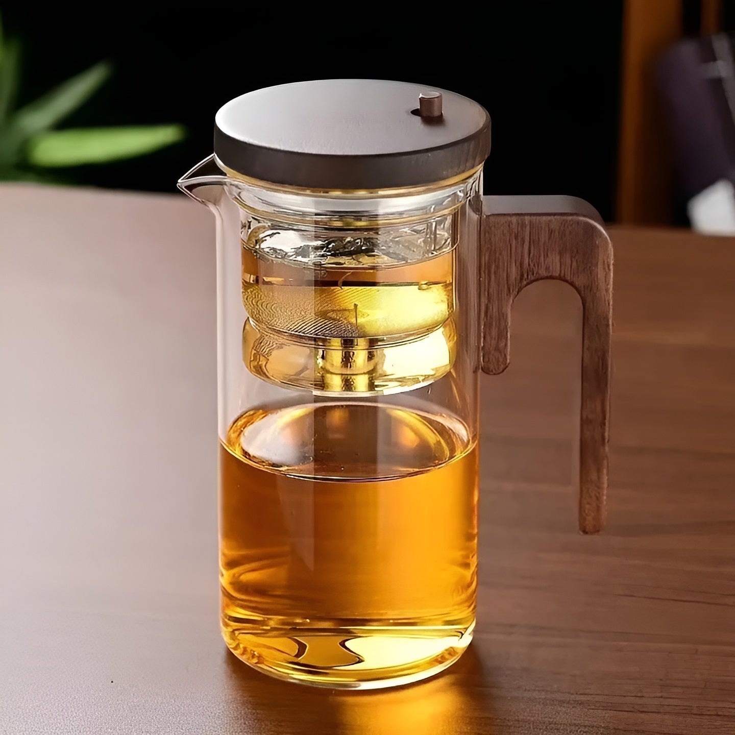 Glas-Teekanne mit Holzgriff – Ein-Klick-Filter | Perfekt für losen Tee & Puer | Karnz