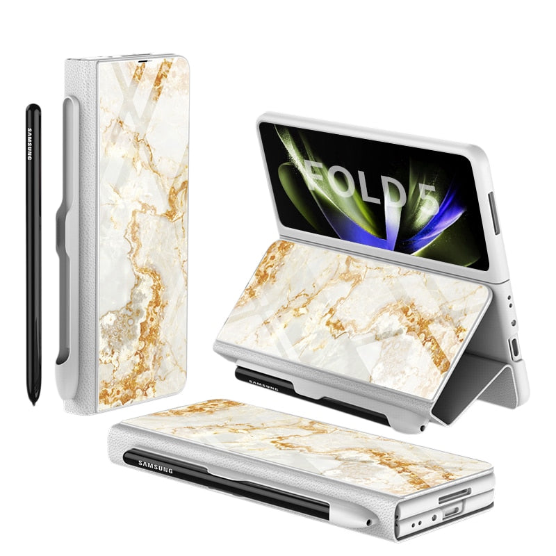 Karnz | Stoßfeste Rüstungshülle Hülle Glas Abdeckung Ständer Einfügkarte Lederhülle für Samsung Galaxy Z Fold 5/4