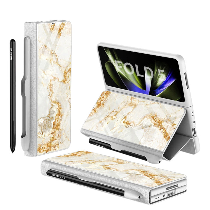 Karnz | Stoßfeste Rüstungshülle Hülle Glas Abdeckung Ständer Einfügkarte Lederhülle für Samsung Galaxy Z Fold 5/4