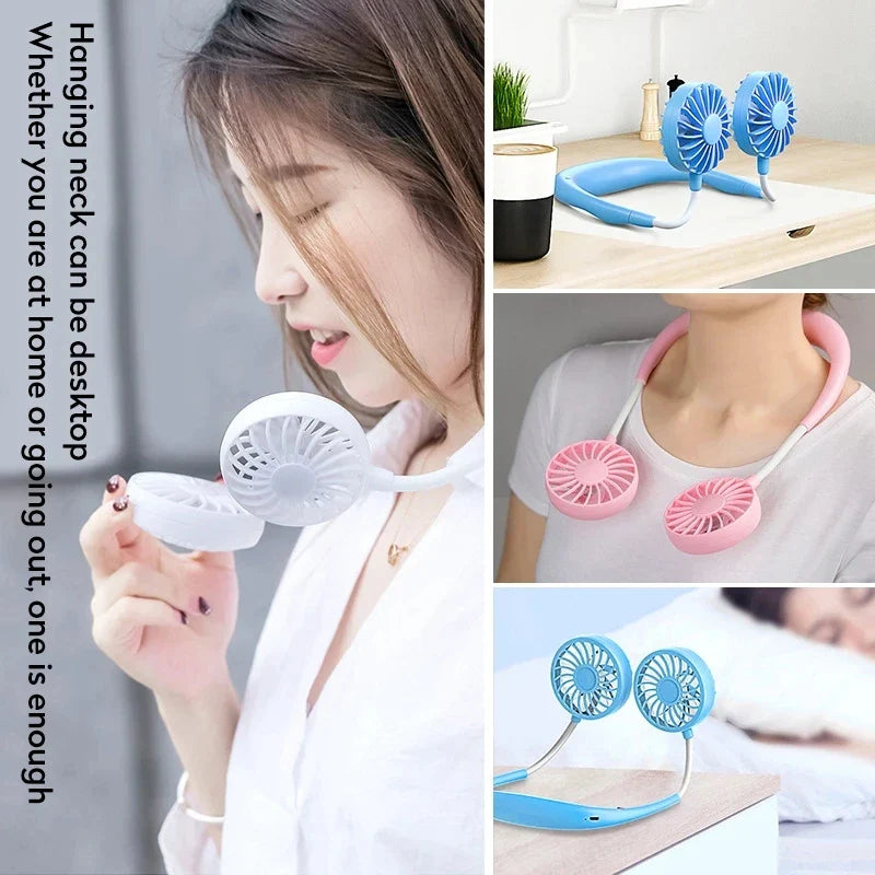 USB Tragbarer Freisprechhalsventilator - Wiederaufladbarer Mini-Sportventilator, 3-Geschwindigkeitsverstellbarer Dualventilator für Zuhause, Büro & Außeneinsatz | Karnz