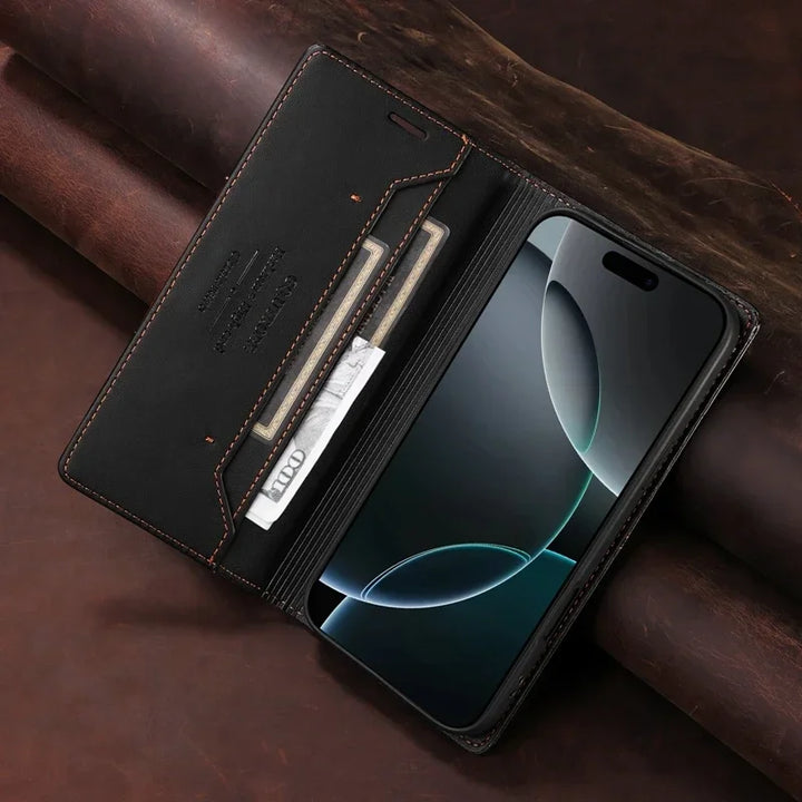 Sandsberg | RFID Leder iPhone 16/15 Magnetische Klapphülle Geldbörse Case