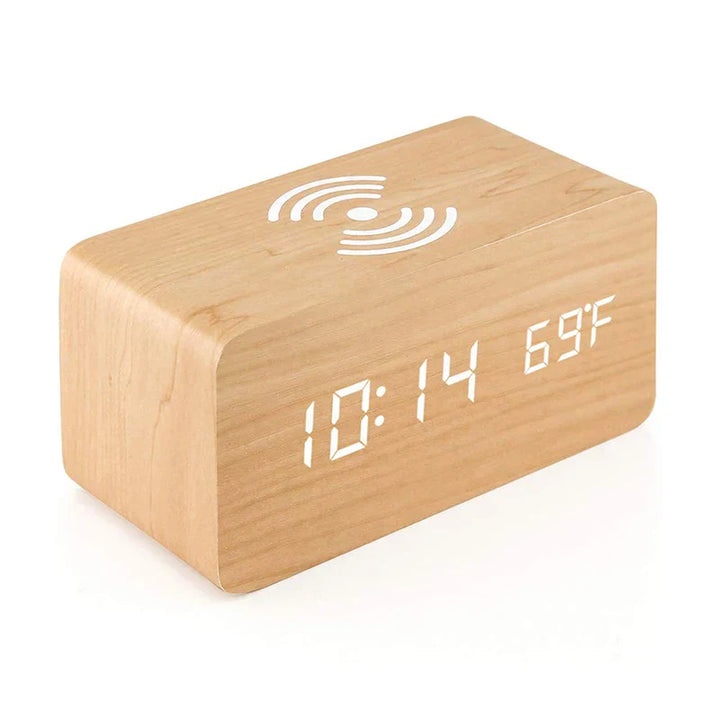 Minimalistischer LED Holz-Wecker mit Temperaturanzeige, kabelloser Ladefunktion und digitaler Zeitanzeige – Ideal für Schlafzimmer und Büro | Karnz