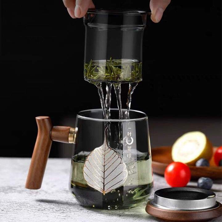 Premium Glas Teetasse mit Filter und Holzgriff, 470ml