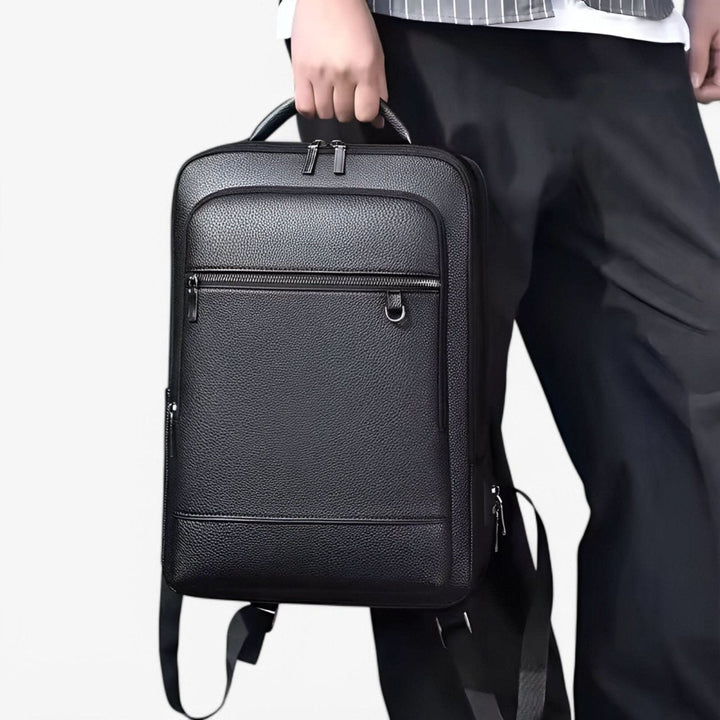 Eleganter Lederrucksack für Damen und Herren mit USB-Anschluss für Laptop und den täglichen Gebrauch, 15,6 Zoll, schwarz