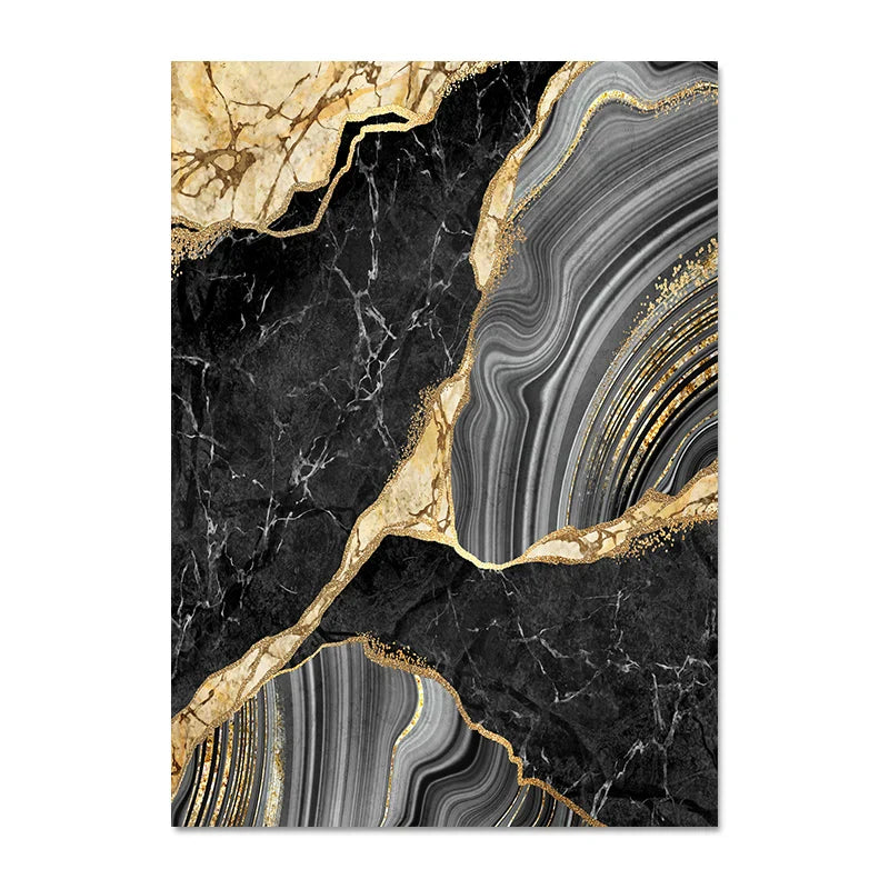 Moderne abstrakte schwarze graue goldene Geode-Marmor-Druck Wandkunst Fine Art Leinwanddrucke Bilder für luxuriöse Wohnung Wohnzimmer Home Office Dekor | Karnz