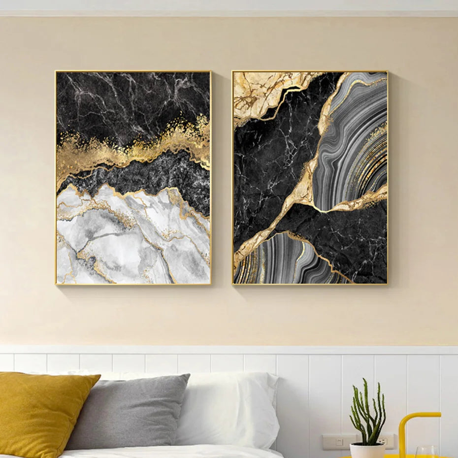Moderne abstrakte schwarze graue goldene Geode-Marmor-Druck Wandkunst Fine Art Leinwanddrucke Bilder für luxuriöse Wohnung Wohnzimmer Home Office Dekor | Karnz