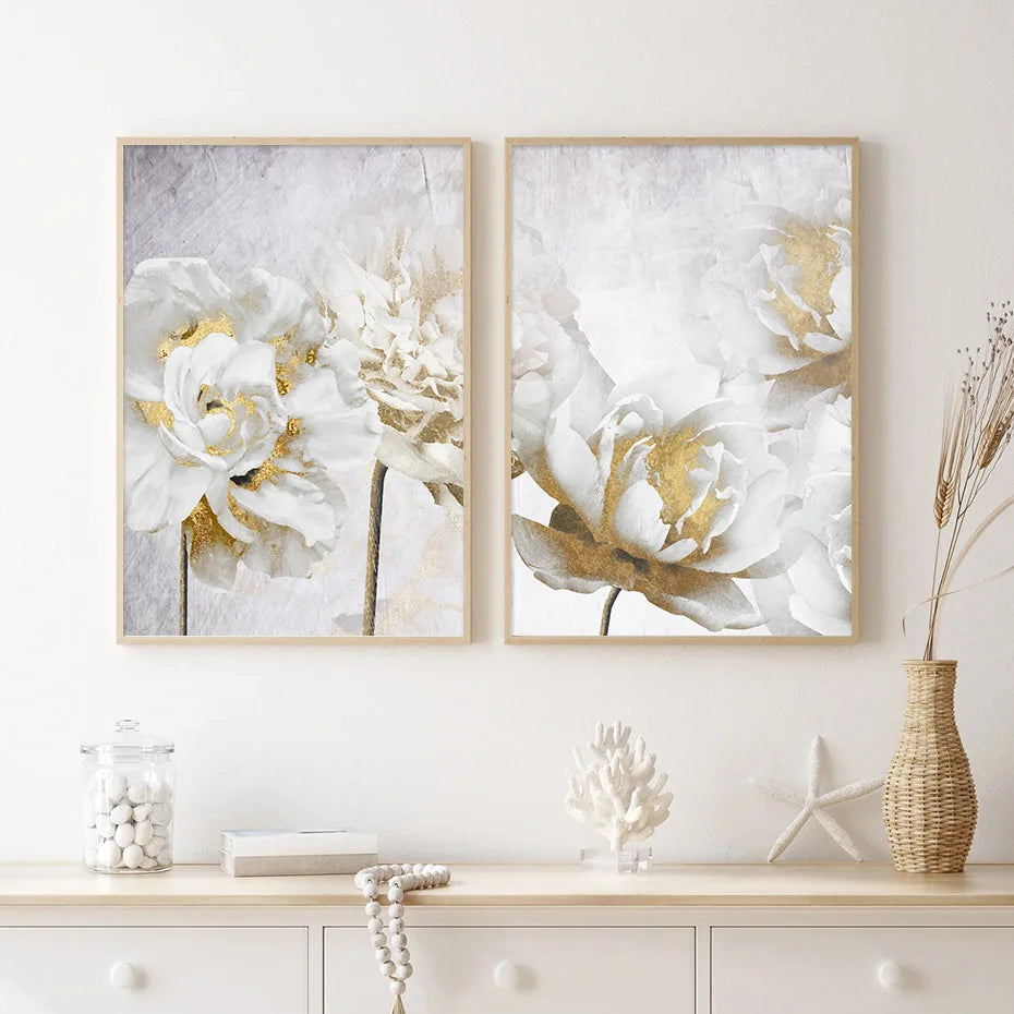 Opulente Blüten Elegante Weiße Blumen mit Goldakzenten Leinwand Wandkunst Feine Kunstleinwand Drucke Poster Florale Bilder Für Modernes Wohnzimmer | Karnz