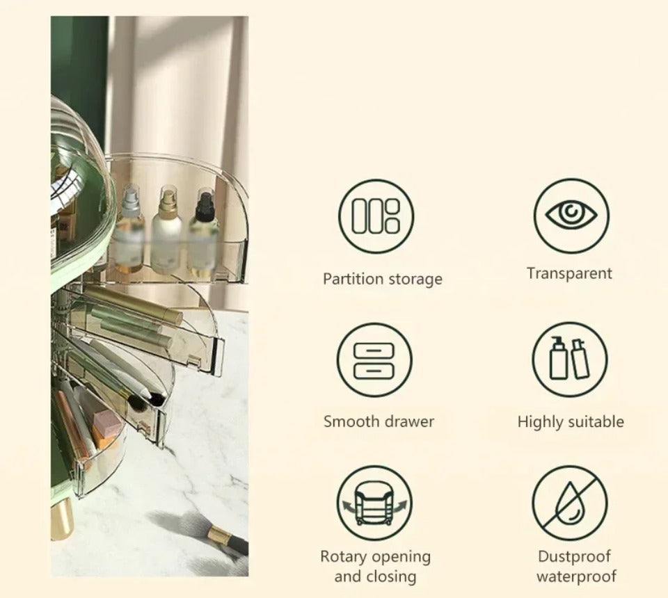 Luxuriöser transparenter Makeup-Organizer mit rotierenden Türen und Schubladen | Karnz