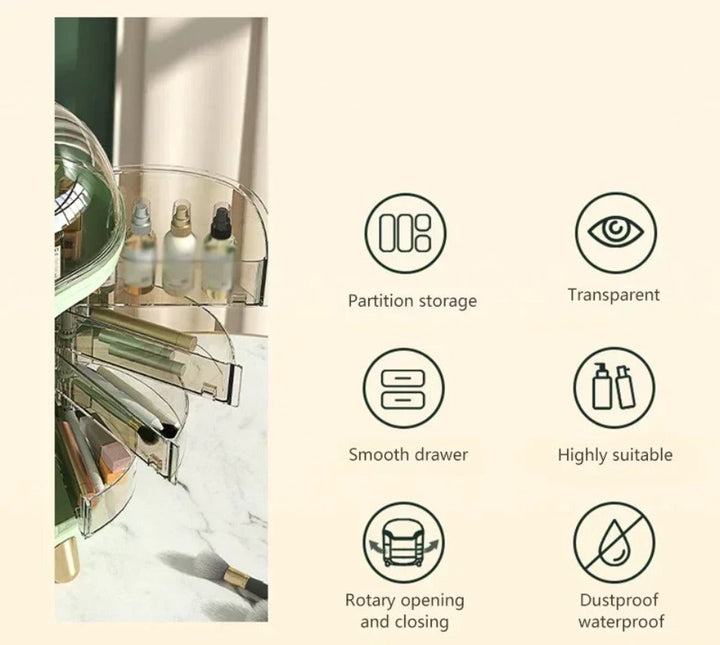 Luxuriöser transparenter Makeup-Organizer mit rotierenden Türen und Schubladen | Karnz